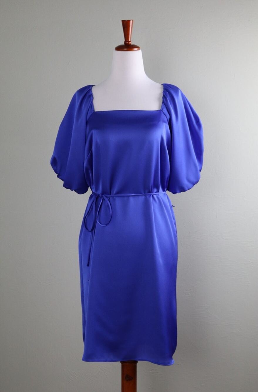 ANN TAYLOR NWT Solid Blue Bow Belted Puff Sleeve Shift Dress Size 8 Petite